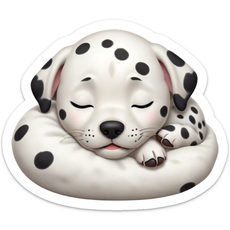 Cinematic Meme-Worthy cute Sleeping Dalmatian Portrait Emoji, Head resting peacefully with a contented smile, showcasing a delightfully cute build and a luxuriously soft white coat with bold black spots, eyes shut in a serene nap, Simplified yet hilariously adorable features, highly detailed, glowing with a soft, drowsy light, high shine, relaxed and utterly lovable, stylized with an air of playful laziness, bright and heartwarming, soft glowing outline, capturing the essence of a comically sleepy Dalmatian, so meme-worthy it feels like it could instantly become the next viral sensation of adorable slumber! sticker