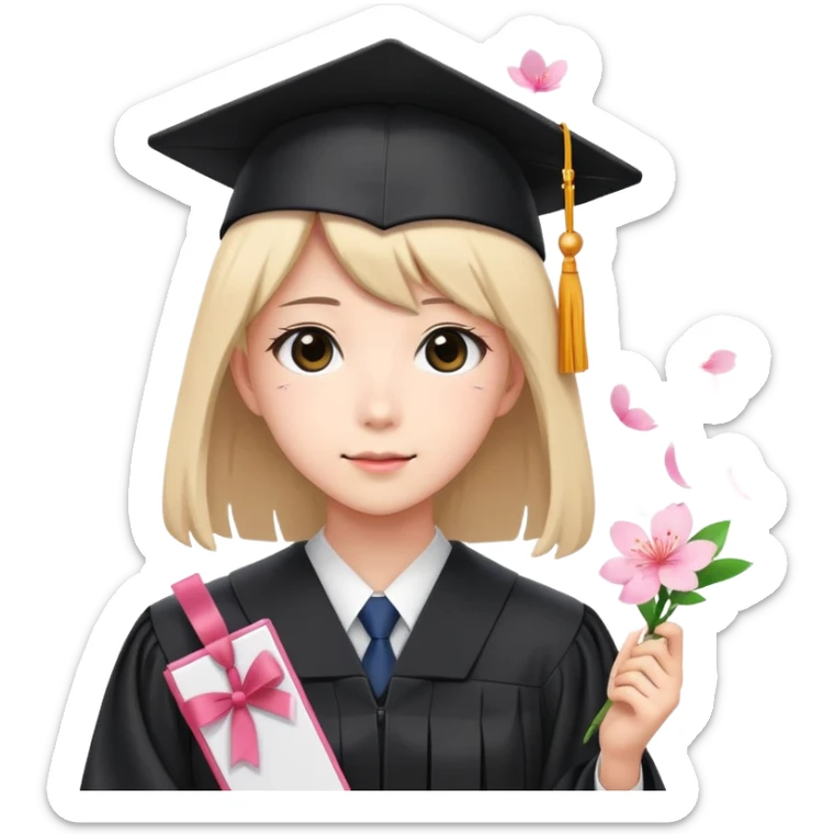 Japanese high school girl in graduation ceremony with diploma and sakura petals sticker