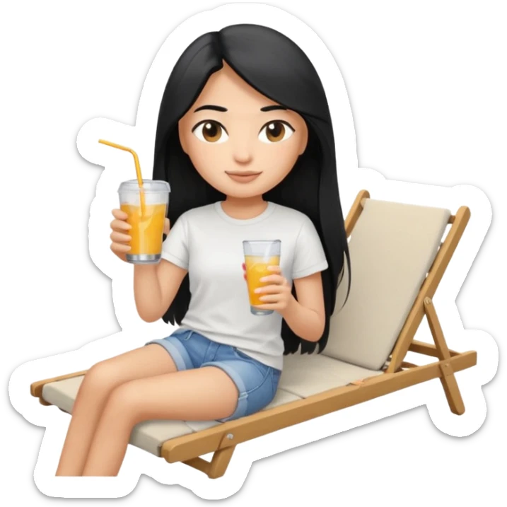 Memoji girl with long black hair with a relaxed expression, a slight smile, in summer clothes (T-shirt, shorts). You can add accessories, such as a drink in her hand or a lounger. sticker