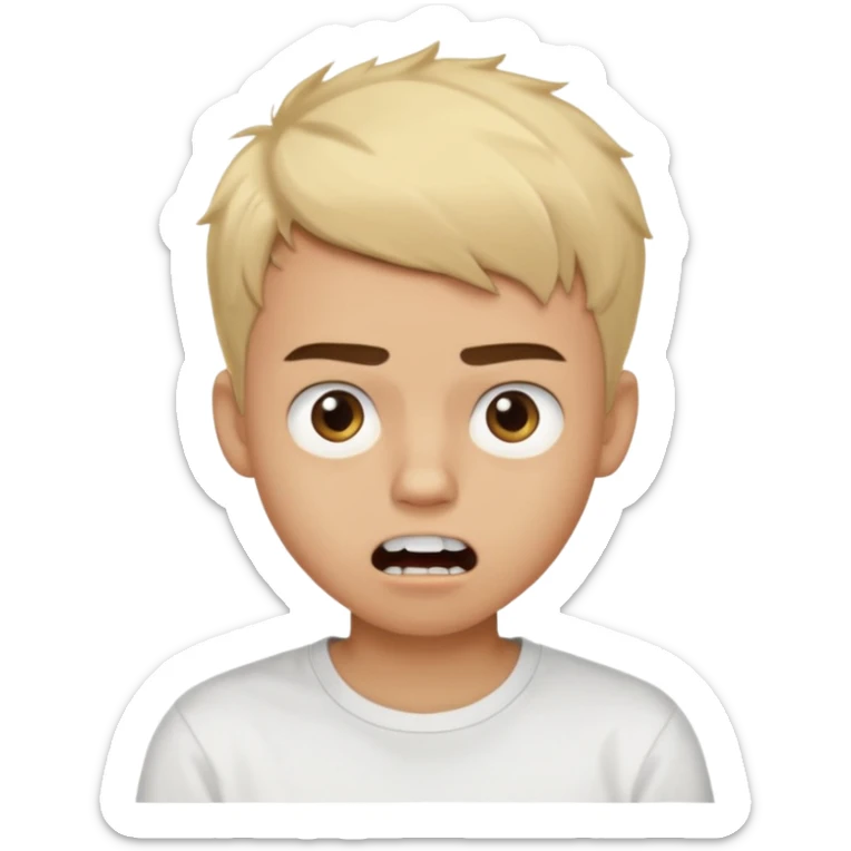 Male Teenager with Short buzz, messy blonde hair, Dark brown bushy eyebrows large expressive golden-brown eyes, wearing a plain white t-shirt, Dark Brown skin color, Confused mouth gape showing teeth sticker