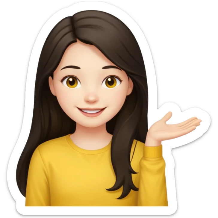 girl on her laptop, long dark hair white skin and yellow shirt long sleeves, smiling sticker