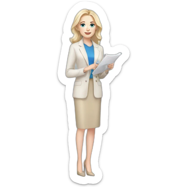 pale skin woman interior designer with cold blonde middle length hair, blue eyes, beige blouse, White oversize jacket, Gray skirt holding a color palette in the hands sticker