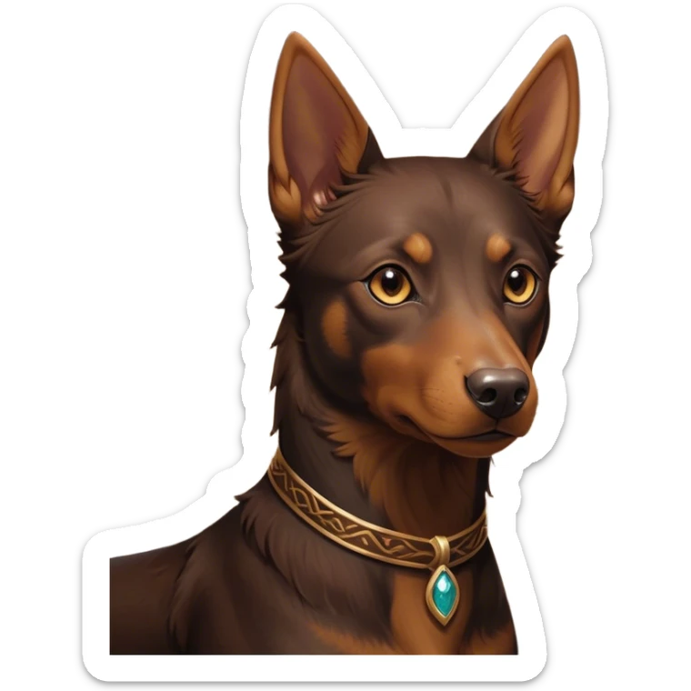 Cinematic Noble Brown and Tan Kelpie Portrait Emoji, Poised and regal, with a strong, agile build and a rich, well-groomed Fur of warm brown and tan, piercing warm eyes, Simplified yet sharp and sophisticated features, highly detailed, glowing with a soft, dignified glow, high shine, intelligent and energetic, stylized with an air of determination, focused and attentive, soft glowing outline, capturing the essence of a watchful and confident herder, so majestic it feels as though it could bound out of the screen with effortless authority! sticker
