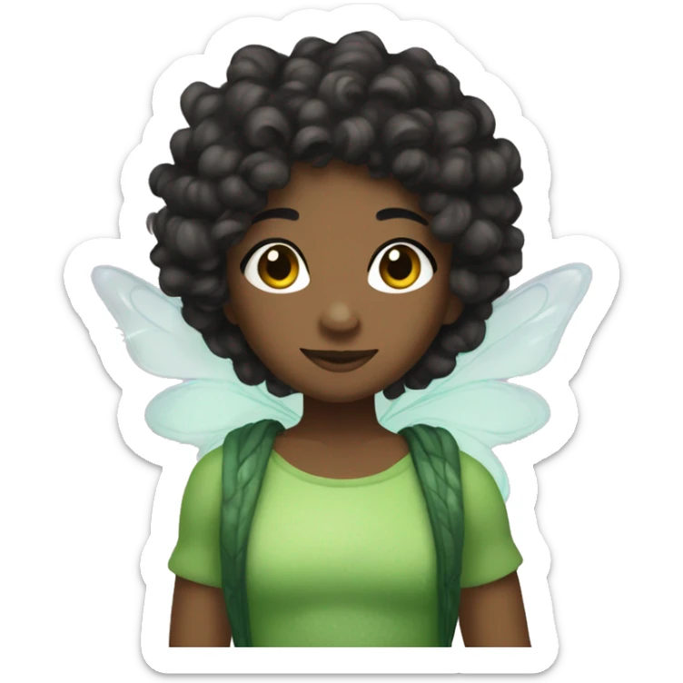 Dreamy fairy with brown skin and black curly hair and green putfit  sticker