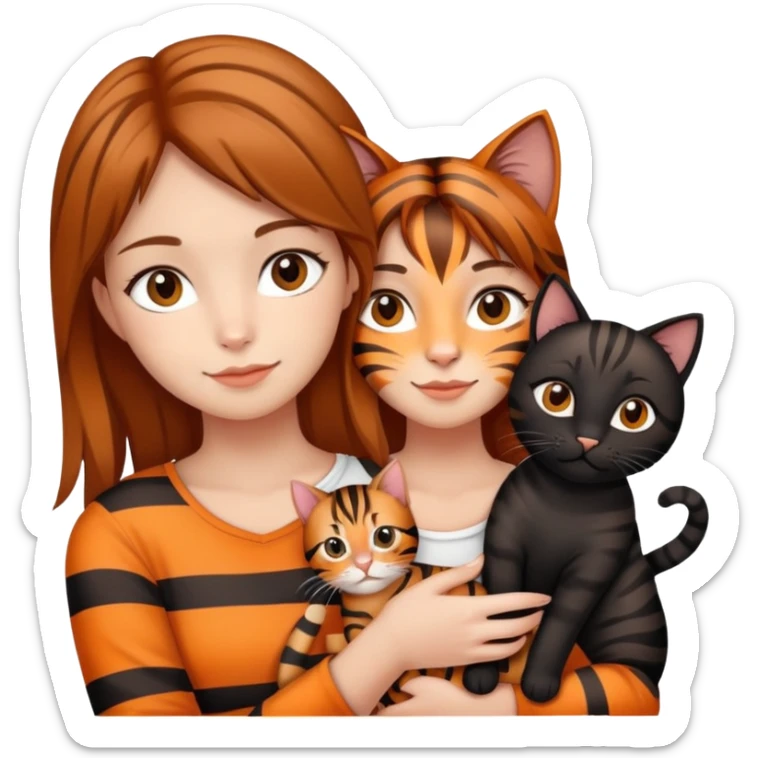 tan brown-haired girl holding two cats, one black cat and one orange tiger-striped cat sticker