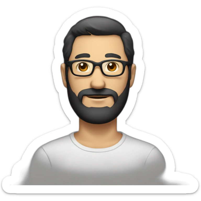 A middle-aged man with a face with a black beard and black hair, wearing black-rimmed glasses and a man's shirt sticker