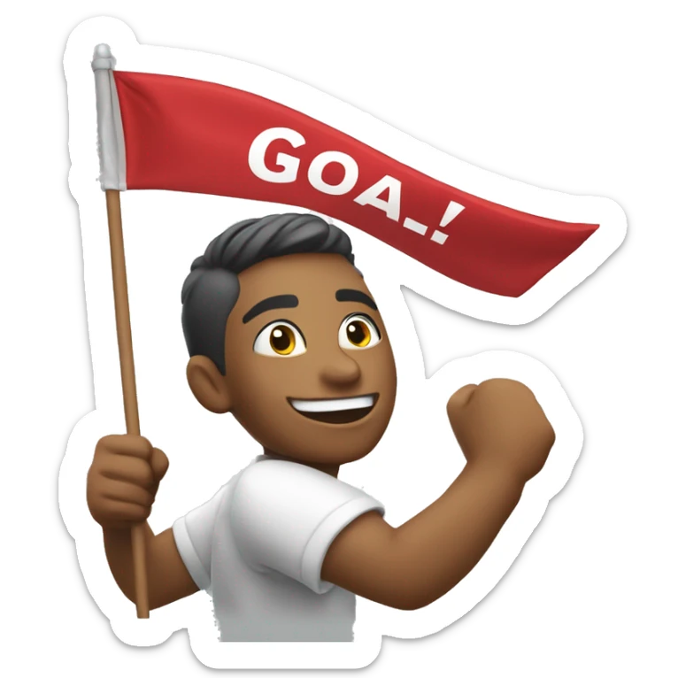 an emoji celebrating a goal, holding a flag in one hand, with the word 'GOAL!' in bold, festive letters. The emoji should show excitement and joy, as if celebrating a major victory." sticker