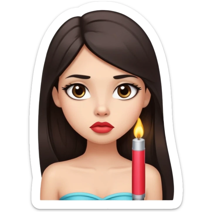 girl with lighter skin, dark brown long straight hair, pouty shiny lips without cupid's bow, large eyes, lighter button nose, long oval-shaped face, wearing a bandeau top sticker