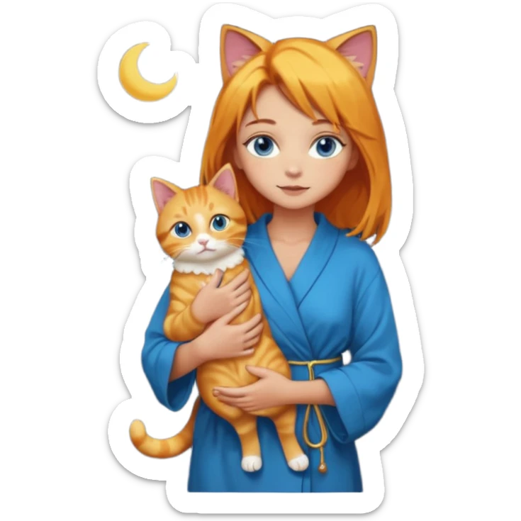lightly tanned skin, blue eyes, cute and sexy girl with bright yellow-brown hair in a dark sky pallete robe, golden rings, slight cute makeup, full body, slightly turned aside pose, holding a cat in hands sticker