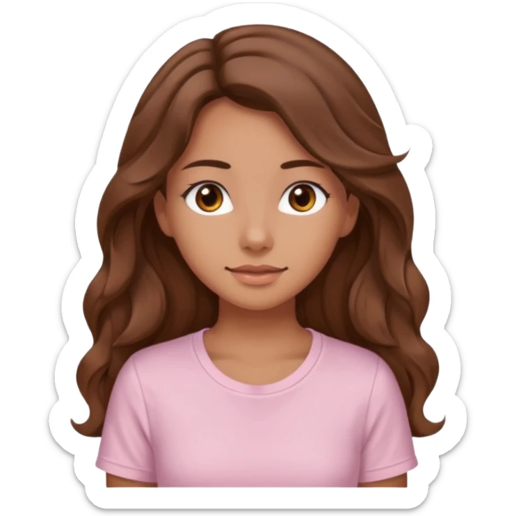 A pretty girl with tan skin and long brown wavy hair, wearing a very light pink basic shirt with brown eyes sticker