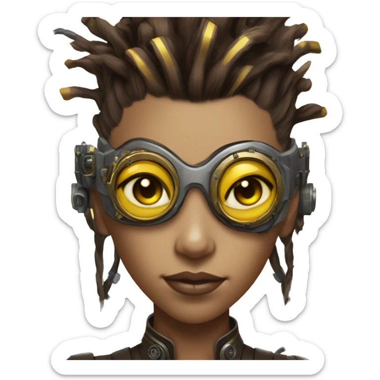 Brown with yellow streaks Mohawk hair female cyborg head, tan skin, steampunk goggles and circuits sticker