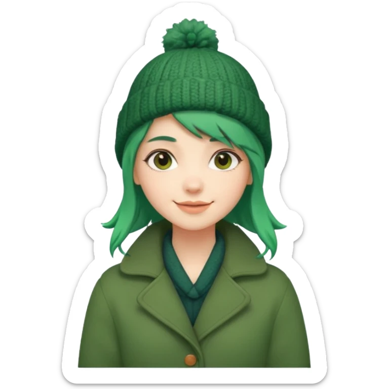 Girl with green hair wearing winter coat and a woolen hat with a relaxed posture and friendly face sticker