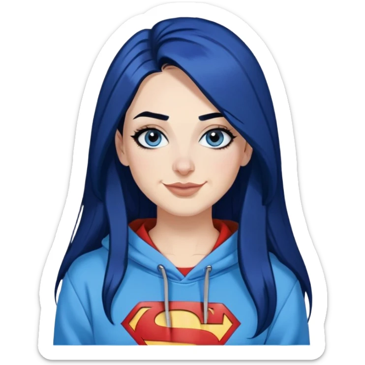 Happy-30-year-old-adult-long-straight-dark-blue-hair-black-ends-blue-eyes-thick-black-eyeliner-really-thick-really-long-eye-lashes-sky-blue-superman-no-ears-hoodie-sweatshirt-nose-piercing-lip-piercing sticker