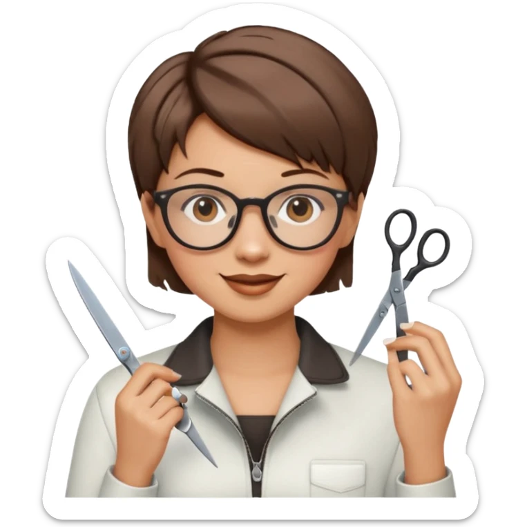 Happy woman with very short hair and glasses having haircut  with scissorsemoji sticker