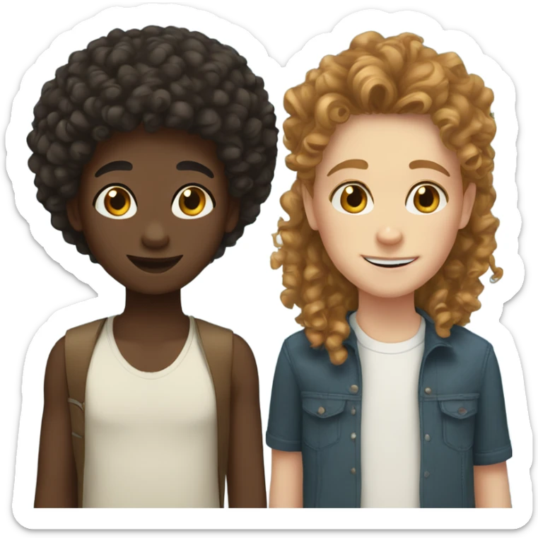 black girl with curly hair and white boy with curly brown hair sticker