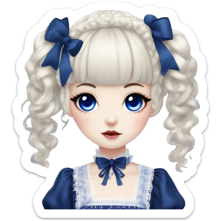 Japanese pale woman with dark blue curly pigtails and bangs, royal blue lips and eyeshadow, long eyelashes, blue eyes, black Lolita dress with laces and ribbons, gothic Lolita doll look sticker
