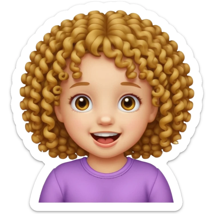 cute baby girl, curly hair, two upper and lower teeth visible, emoji style sticker