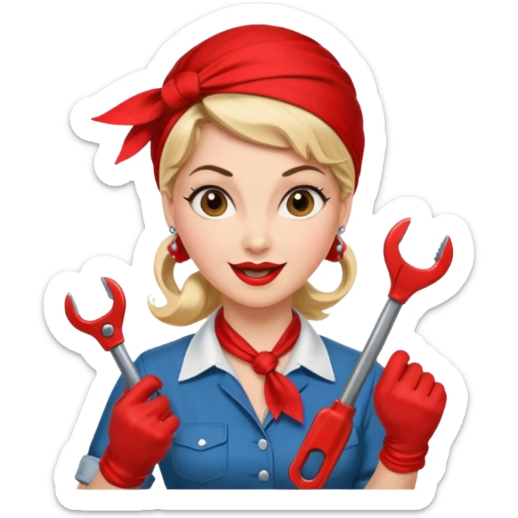 A 50ies housewife who is excited about working and is a powerwoman because she husstles a lot. A bit like the woman from Real Vintage Doll House. And the woman from We Can Do It!. Rockabilly vibe. Cartoonish perhaps? Help me :D sticker