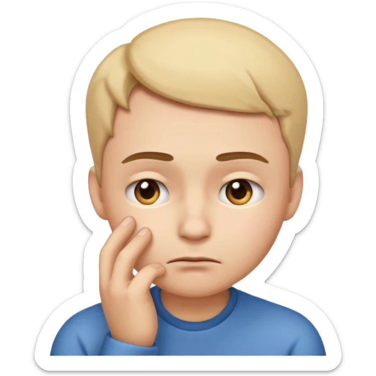 Genera un emoji estilo Apple que represente inseguridad física: un rostro neutral mirando hacia abajo, con cejas ligeramente inclinadas y una mano tocándose la mejilla como si dudara de sí mismo. Expresión suave, triste pero empática sticker