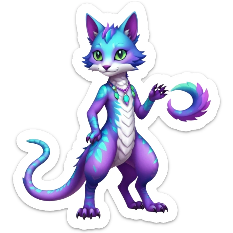 Kawaii iridescent beautiful pretty elegant divine edgy fantasy feline-vernid-sergal-fursona-animal-creature with accessories, full body with intricate markings  sticker