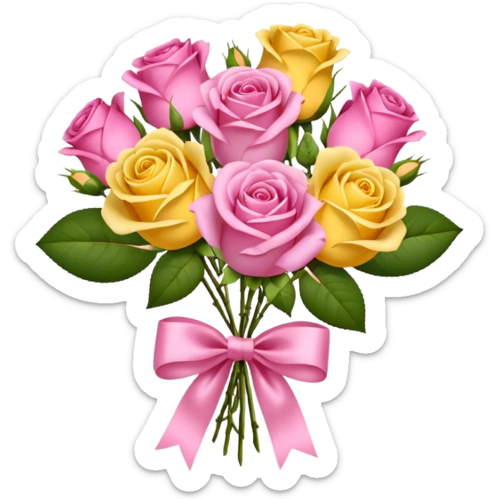A bouquet of flowers, composed of pink and yellow roses, four blooms in total, tied with ribbon. sticker