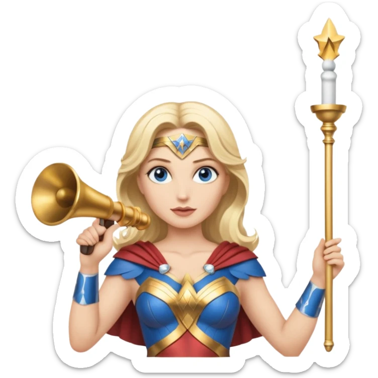 Blonde blue eyed Wonder Woman holding white orchestra conductor’s baton and bell sticker