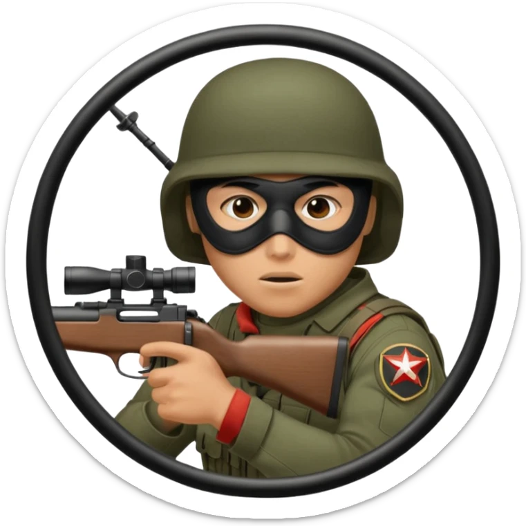 Close-up of a masked army soldier looking through the crosshair of his rifle  as seen from the side as he takes aim sticker