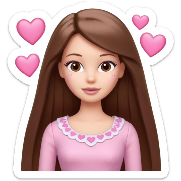 Barbie girl and  makeup , brown long straight hair and brown eyes is In pale pink clothes There are pink hearts all around sticker