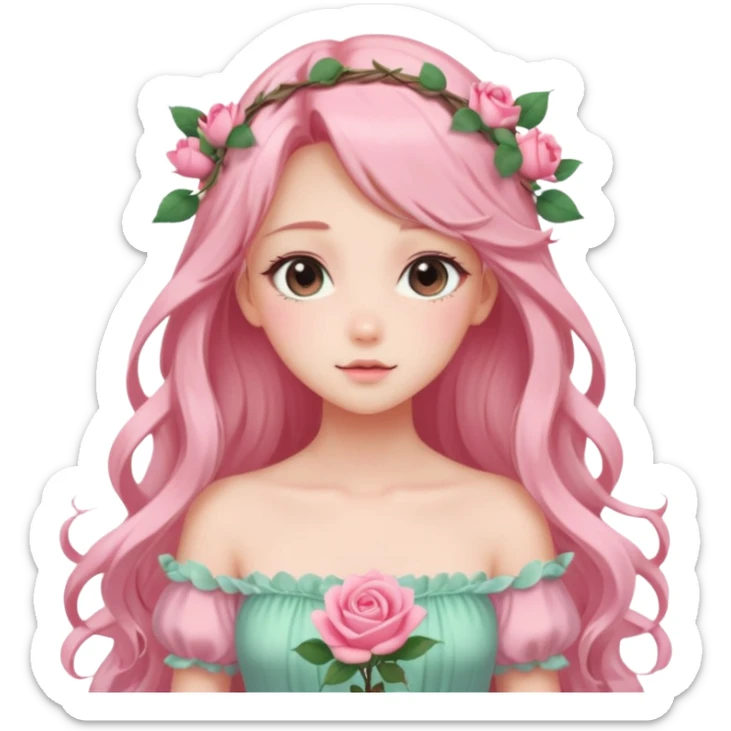 gorgeous pastel anime style lady with blushing face and roses cottagecore fairy sticker