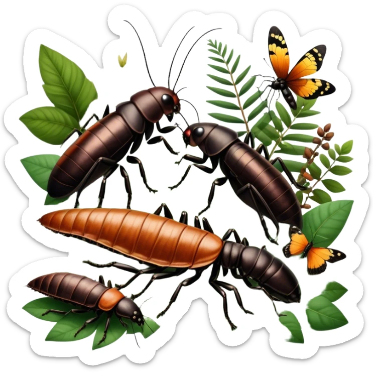 Close-up of giant Madagascar hissing cockroaches, butterflies, and stick insects in their natural habitat. The insects are shown in detail, highlighting their unique textures and colors, surrounded by plants and leaves. Soft lighting to enhance their features. Transparent background. sticker