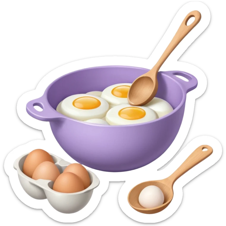 a lilac ceramic mixing bowl with a wooden spoon stirring and sitting next to it is a dozen eggs with the carton lid open sticker