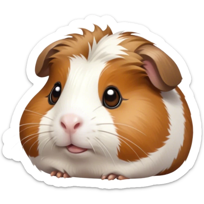 Cinematic Cute Brown and White Banded Guinea Pig Portrait Emoji, Head tilted playfully and inquisitively, showcasing a fluffy fur with playful brown and white banded patterns, round, sparkling dark eyes filled with curiosity, Simplified yet irresistibly adorable features, highly detailed, glowing with a warm, friendly glow, high shine, affectionate and spirited, stylized with a touch of whimsy, bright and endearing, soft glowing outline, capturing the essence of a mischievous yet loving guinea pig, so playful it feels like it could dash out of the screen and into your arms! sticker