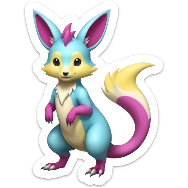 realistic Shiny smooth silky soft Cyan-Yellowish-Magenta Minccino-Zeraora-Emolga-Vernid-Sergal-fusion-hybrid-animal-creature, full body sticker