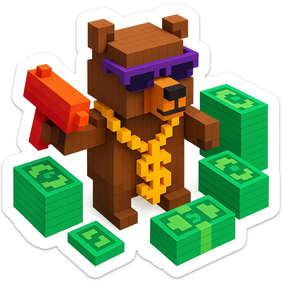 Russian grizzly bear with a rapper chain and a money gun, surrounded by stacks of money sticker