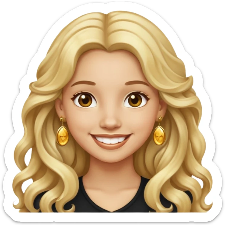 Girl showing happiness, light skin, long wavy blonde hair, gold earrings sticker