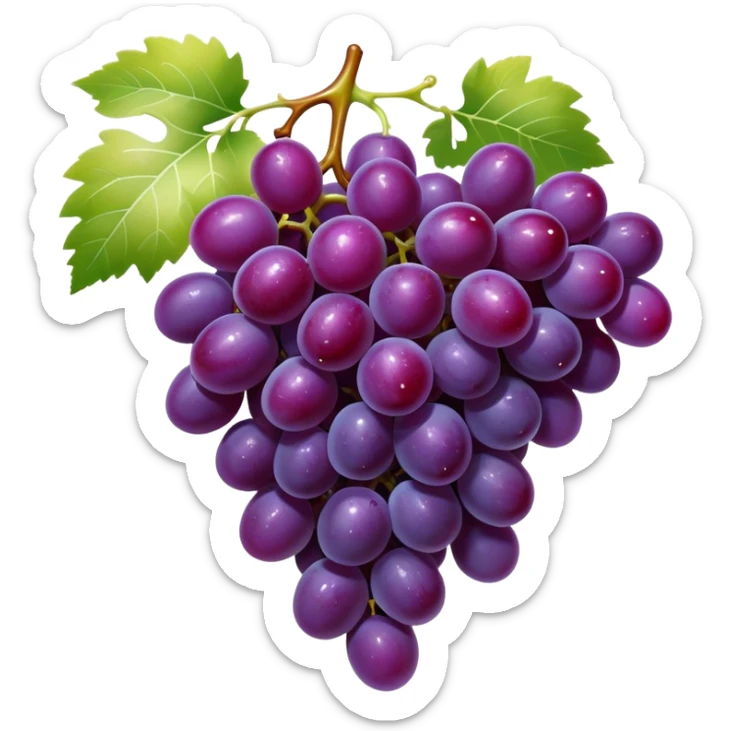 Cinematic glossy purple grapes, plump and dewy, gathered in a beautiful cluster, deep rich hues, ultra-detailed, fresh and juicy, soft glowing light. sticker