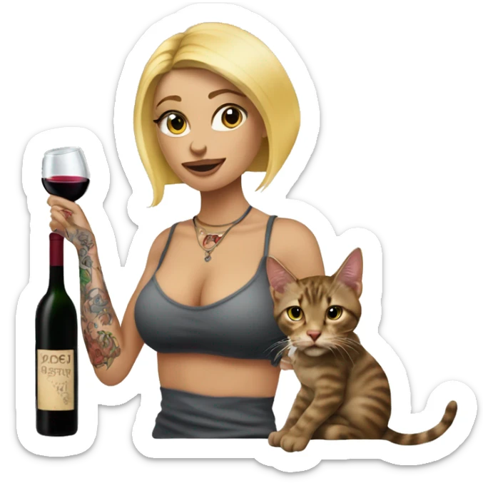 Blonde women in, her body covered with tattoos, wine in her one hand and pointing cat with other hand sticker