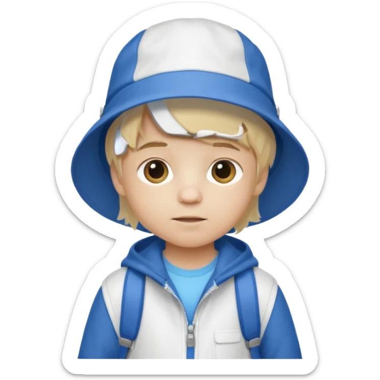 A little boy student white skin, blonde hair, with white bucket hat, white jacket, blue backpack sticker