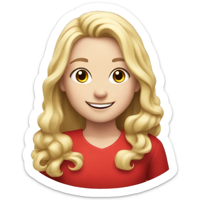 Smiling girl in red dress with long blonde hair holding a sheep sticker