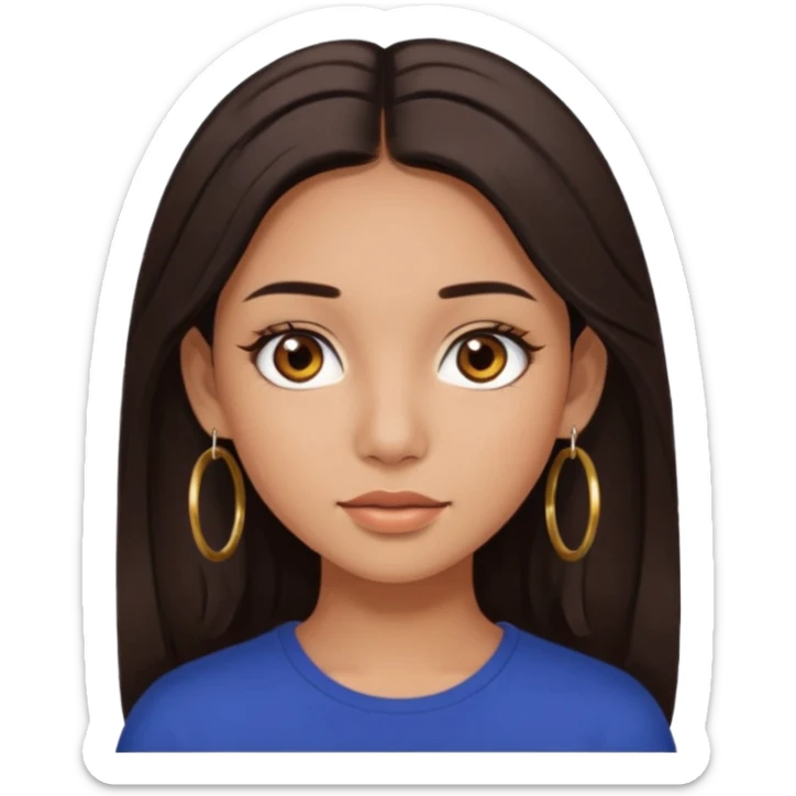 girl with brown asian eyes, long eyelashes, layerd mid length hair dark brown, tanned skin hoop earrings middle parting hair  sticker