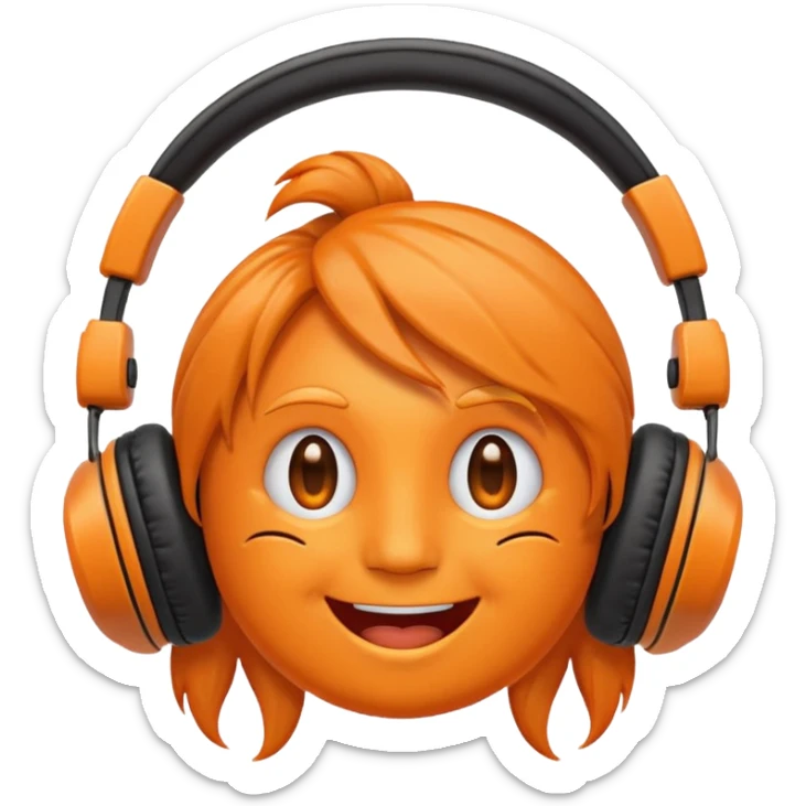 Orange happy face emoji with a couple of hair,headphones,and antennas. sticker