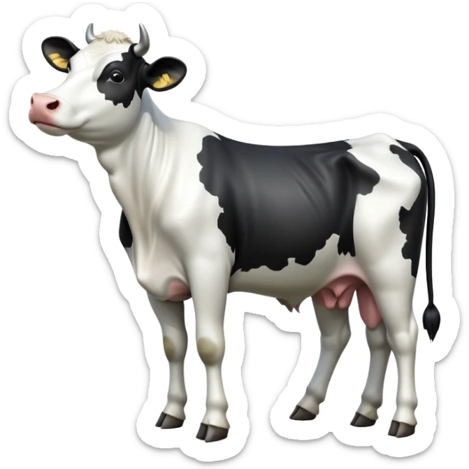 cinematic-[black and white cow]-realistic-full-body-standing-emoji,-tail-flicking-lazily,-head-tilted-dramatically,-sleek-[black and white]-coat,-simplified-yet-realistic-focused-features,-highly-detailed,-glowing-with-an-almost-sarcastic-glow sticker