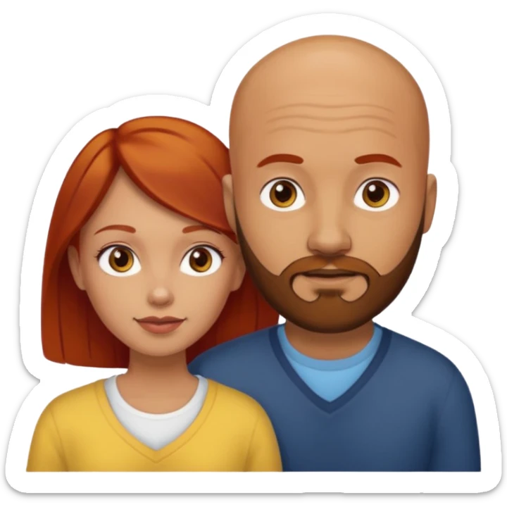 Couple. A bald man with dark brown beard and a girl with light skin. She is a redhead and has dark yellow brown auburn hair. Different skincolor. She has very light skin. sticker
