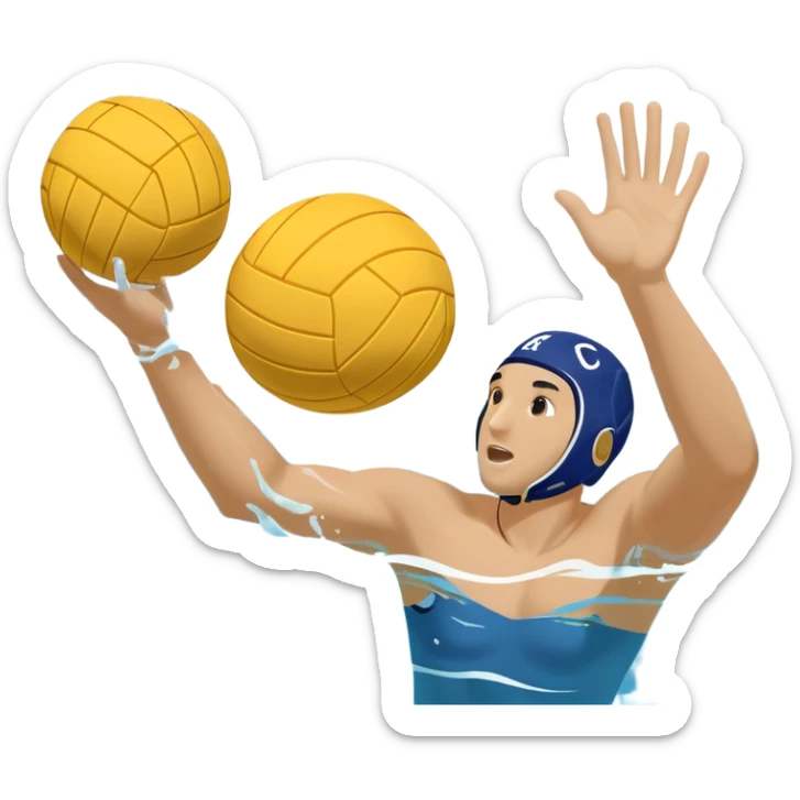 An icon showing a close-up of a yellow water polo ball, splashing water, and a player’s hand reaching to throw. Behind, a goal frame and rippling pool surface. Transparent background highlights the intensity, agility, and energy of water polo as a competitive sport. sticker