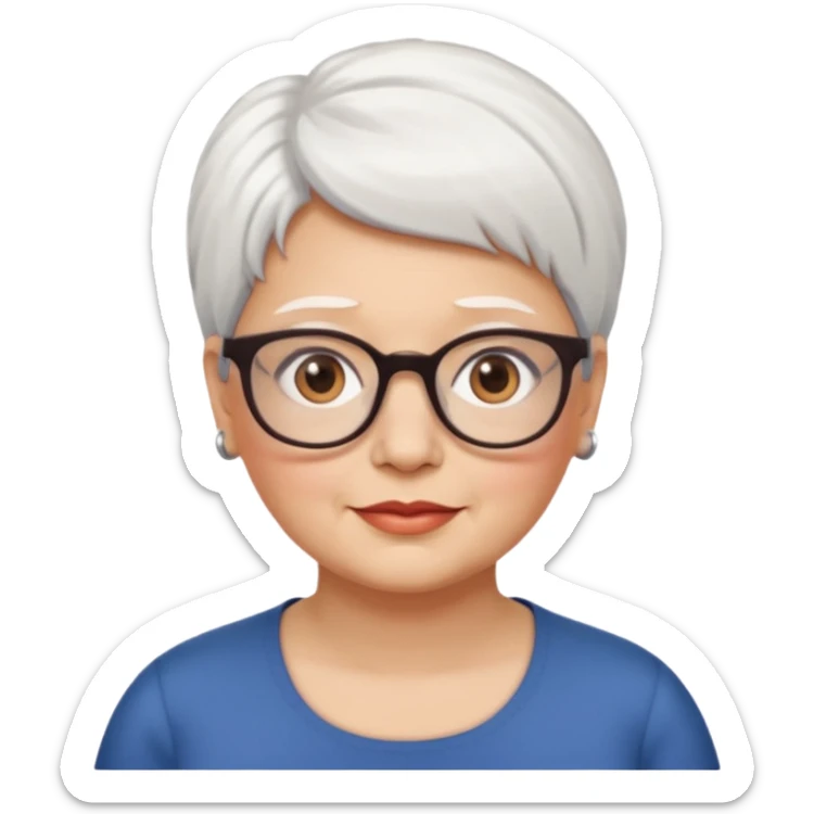 Create me emoji of an old mid-fat lady. Short white hair to left side. Square glasses. Brown eyes. Without any earrings on her ears. Long head sticker
