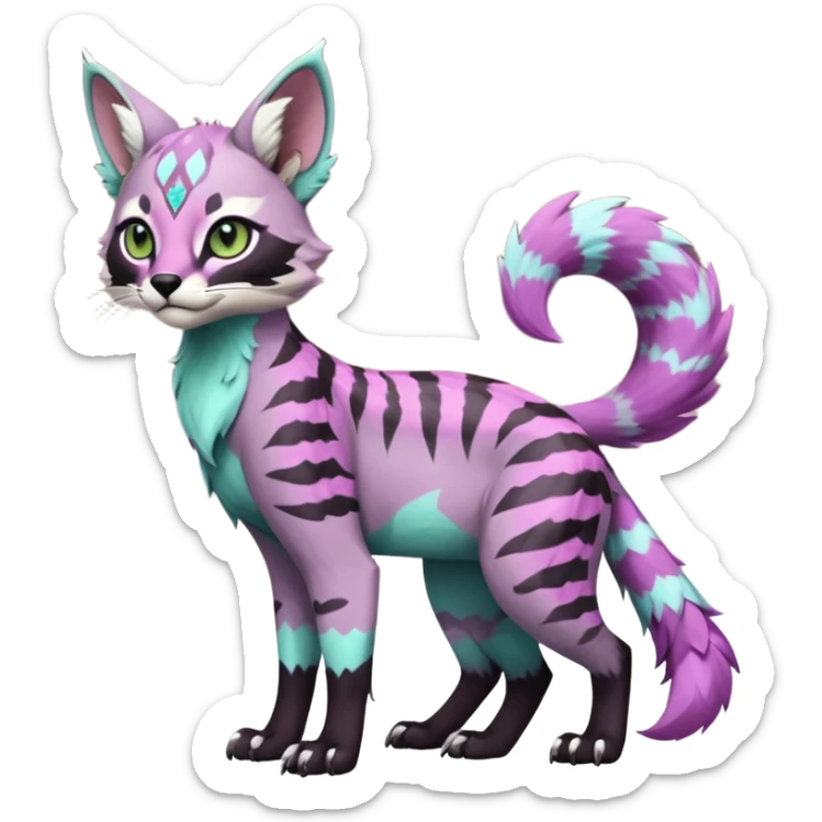 Cute kawaii cool edgy badass Colorful pale minty lilac onyx fruity glorious exotic neon vibrant zigzagged fantasy-caracal-civet-genet-sergal-vernid-Gryphon-Cacomistle-Trico-oncilla-animal-Fakémon-hybrid-fursona (full body), facial markings, (realism style) sticker