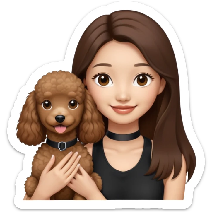a asian girl with long brown straight balayage hair, long lashes, smiling, wearing black halterneck top, and holding a brown poodle sticker
