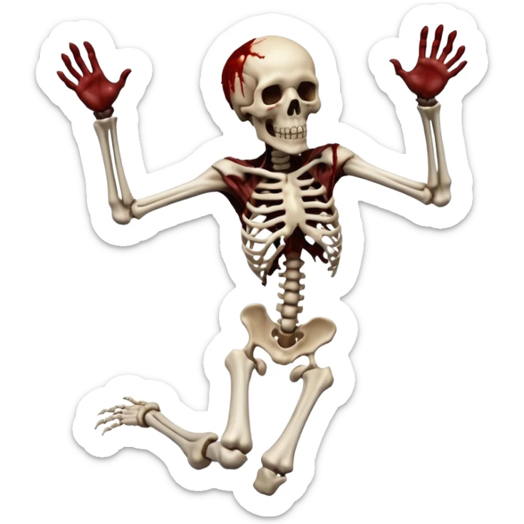3D rotting corpse jumping in the air. In the style of your bloody skull art sticker