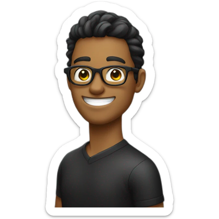 un chico con pelo negro con lentes negros y sonriendo que lleve un polo blanco y una chauqeta de color negro  sticker