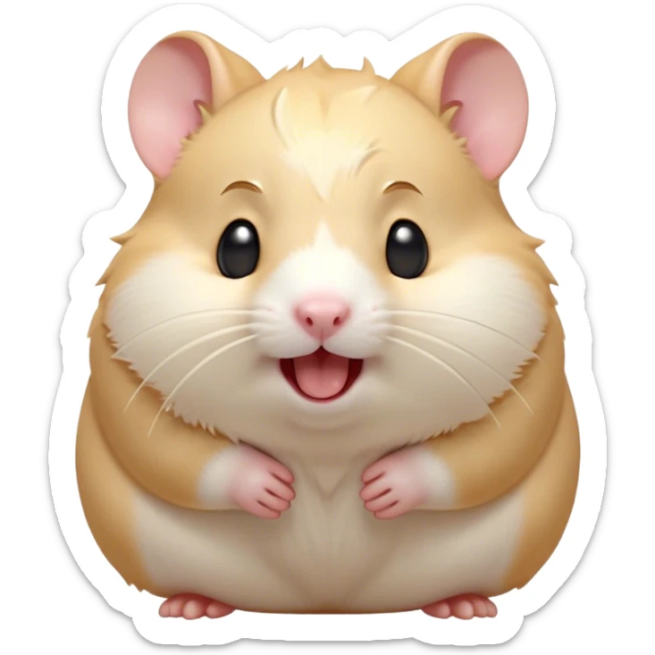 Cinematic Cute Yawning Cream Hamster Portrait Emoji, Head tilted slightly with a dramatic, wide-open yawn, showcasing a soft, pristine cream coat with tiny droopy ears, round dark eyes barely open in drowsy contentment, Simplified yet irresistibly adorable features, highly detailed, glowing with a soft, cozy glow, high shine, relaxed yet expressive, stylized with a touch of whimsy, bright and endearing, soft glowing outline, capturing the essence of a sleepy yet affectionate hamster, so drowsy it feels like it could stretch out of the screen and curl up for a nap! sticker